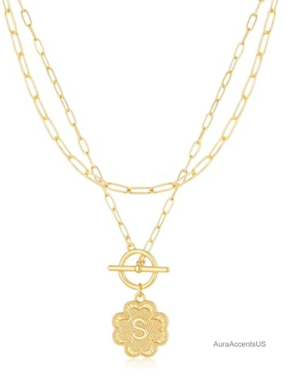 14K Gold Plated Initial Necklace Women Dainty Layering Paperclip Chain Flower